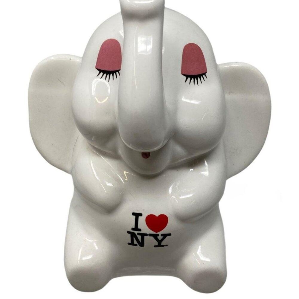 Vintage White Ceramic Elephant‎ Bank Says I Love NY